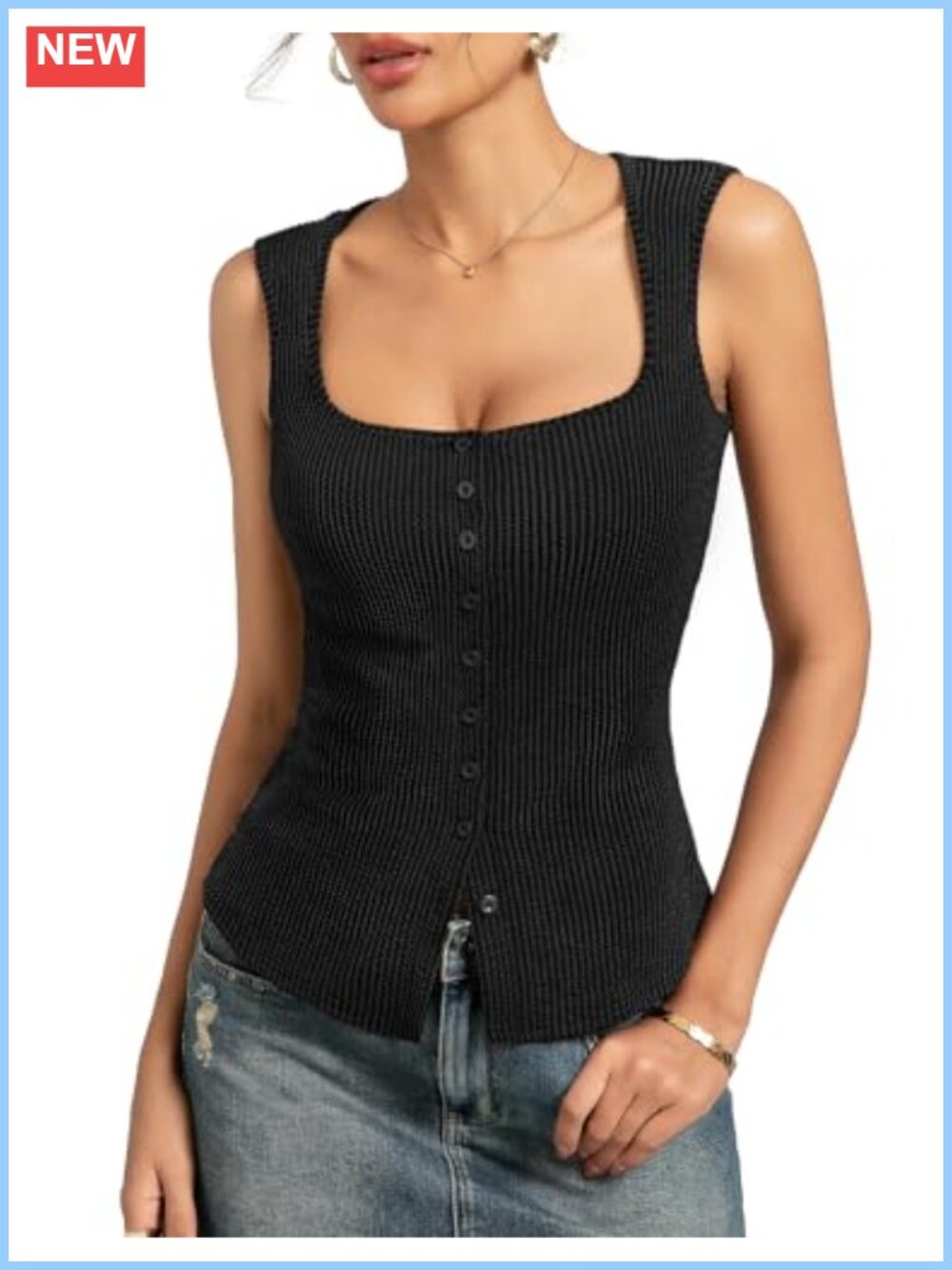 Ribbed Knit Button Down Square Neck Tank Top Y2K Slim Fit Summer